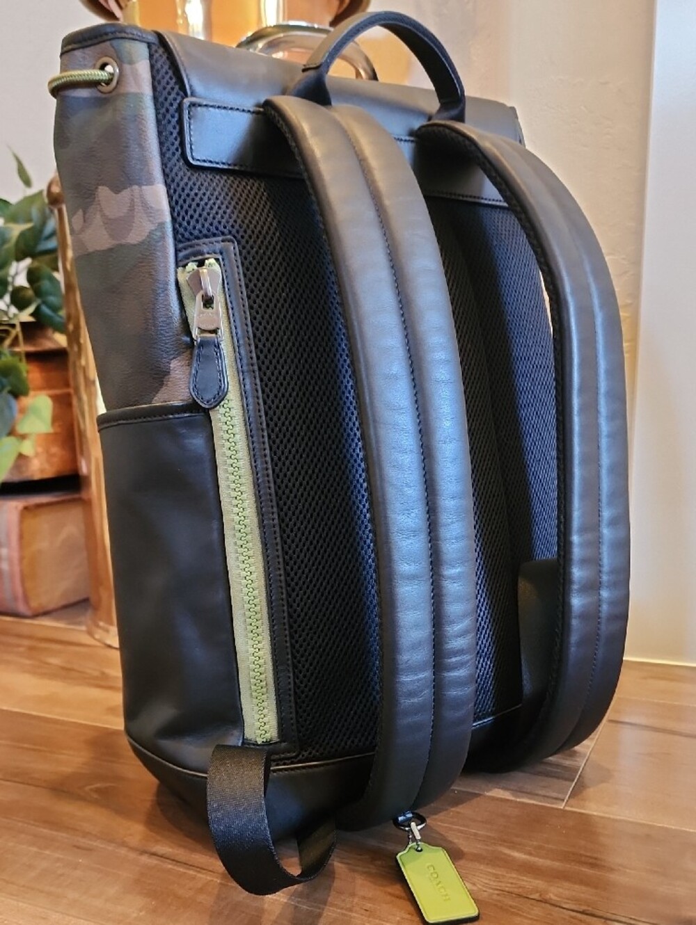 Coach Men's Camo Backpack with Black Leather Flap and Lime Green Logo - Picture 3 of 11